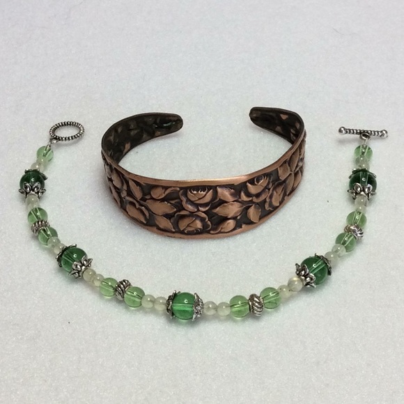 FINAL SALE PRICE Stamped Copper Cuff and Hand Beaded Bracelet x 2 - Picture 1 of 5